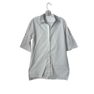 Alice + Olivia Cotton White Button Down Rhinestone Collared Top Size Small